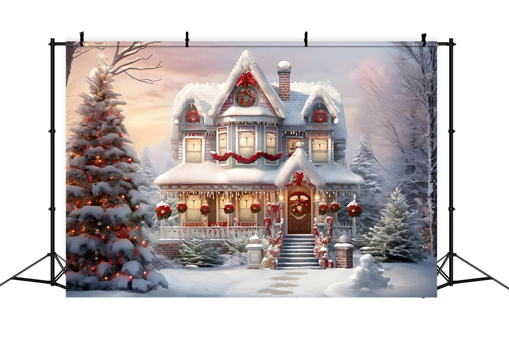 Snow Christmas Decorated House Backdrop RR7-740