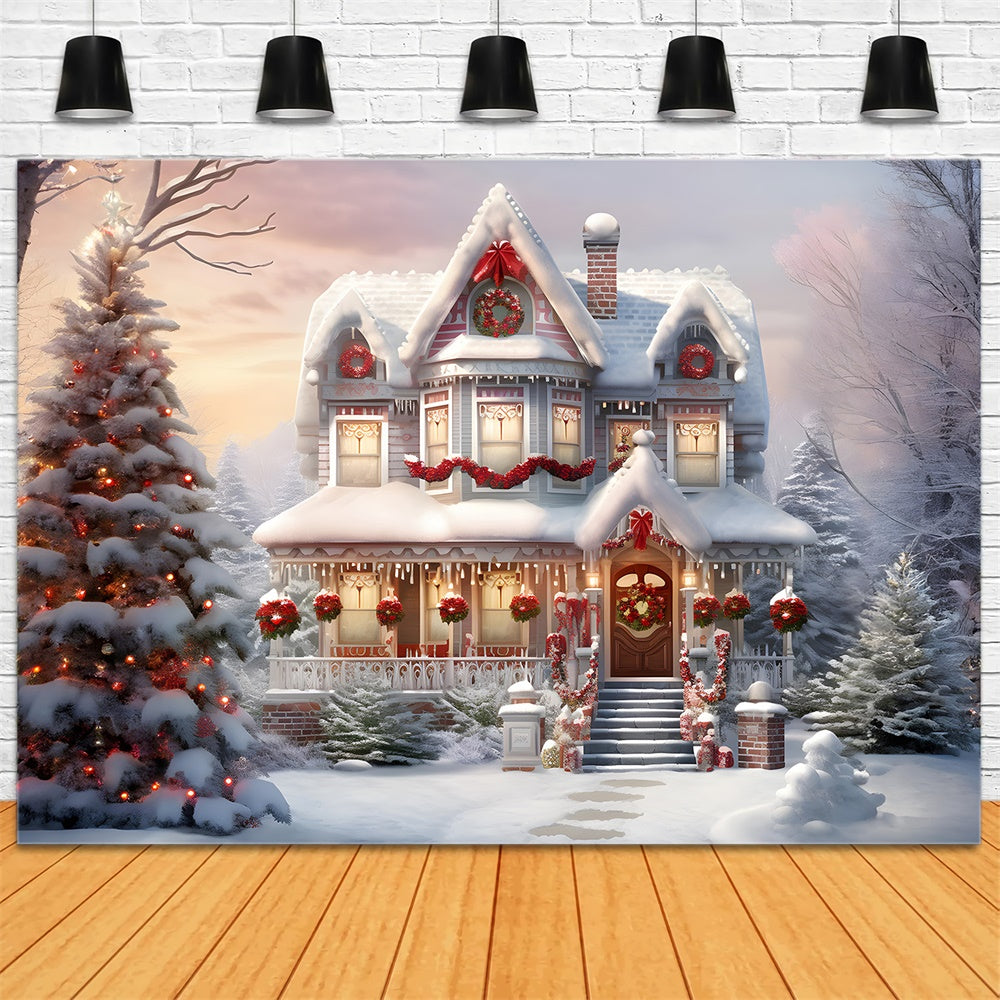 Snow Christmas Decorated House Backdrop RR7-740