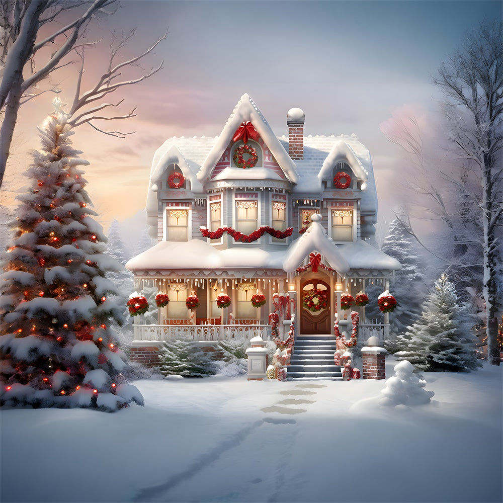 Snow Christmas Decorated House Backdrop RR7-740