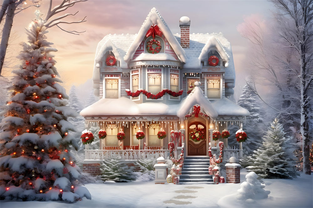 Snow Christmas Decorated House Backdrop RR7-740