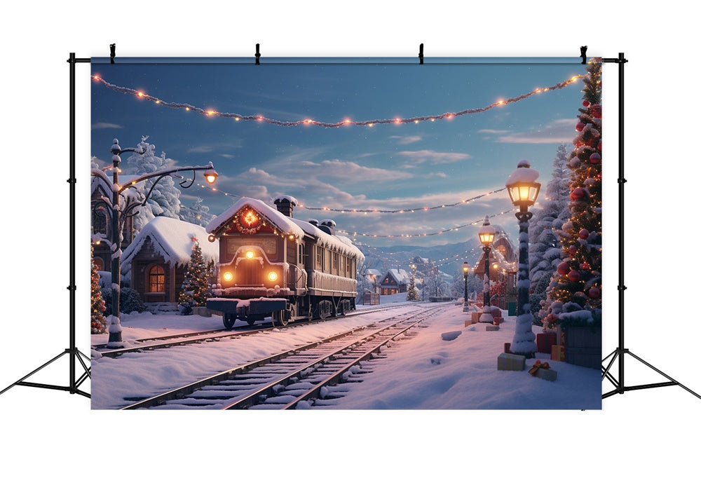 Christmas Train Snowy Village House Backdrop RR7-741