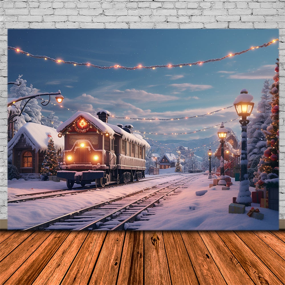 Christmas Train Snowy Village House Backdrop RR7-741