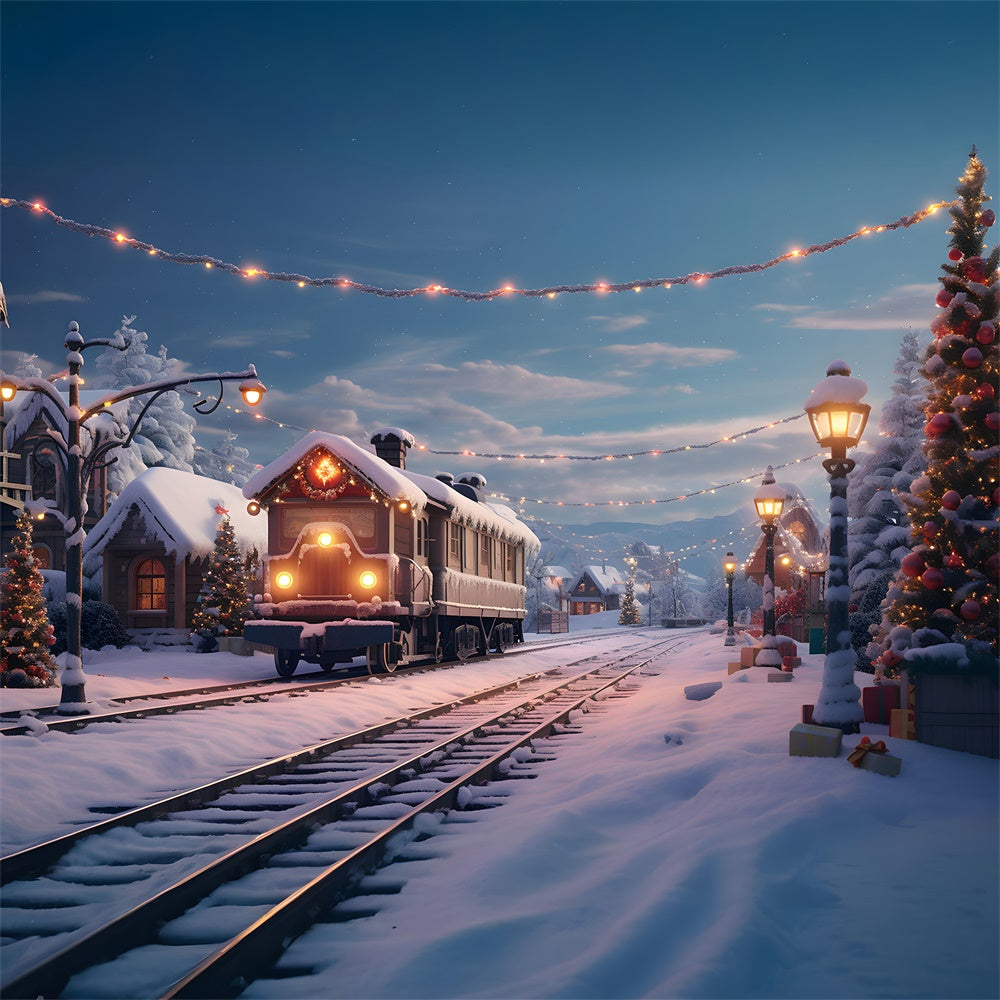 Christmas Train Snowy Village House Backdrop RR7-741