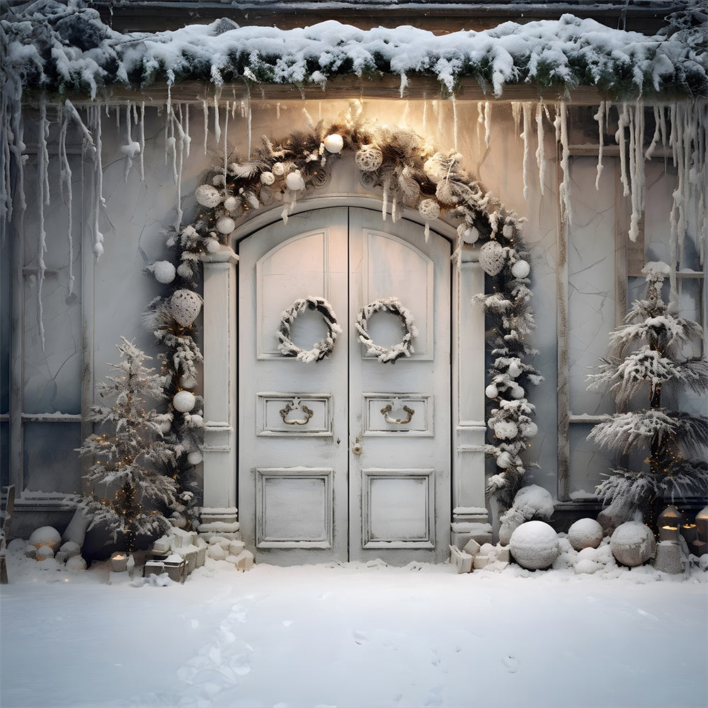 Winter Snow Christmas Wreath Door Backdrop RR7-743