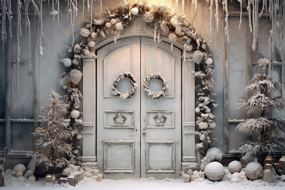 Winter Snow Christmas Wreath Door Backdrop RR7-743