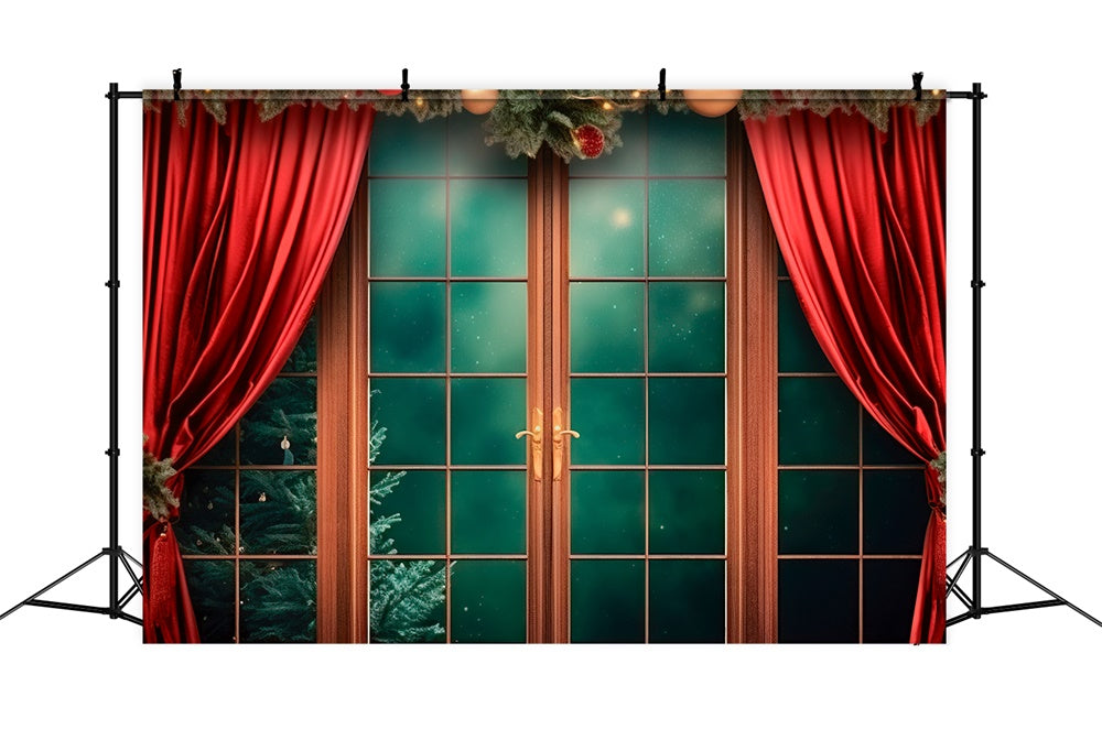 Red Curtain Window Christmas Backdrop RR7-747