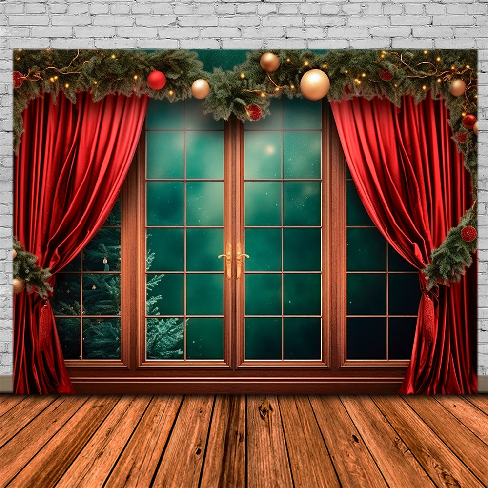 Red Curtain Window Christmas Backdrop RR7-747