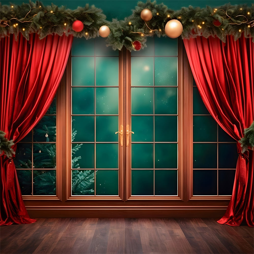 Red Curtain Window Christmas Backdrop RR7-747