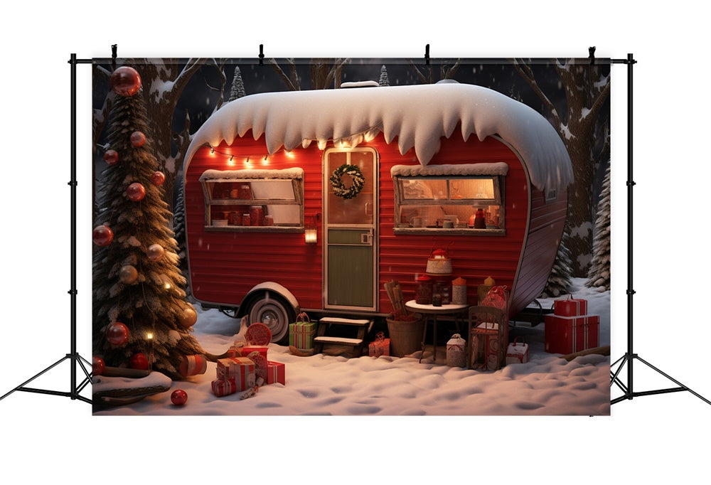 Snowy Forest Christmas Red Camper Backdrop RR7-753