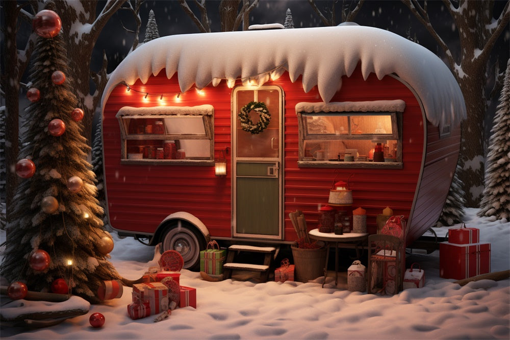 Snowy Forest Christmas Red Camper Backdrop RR7-753