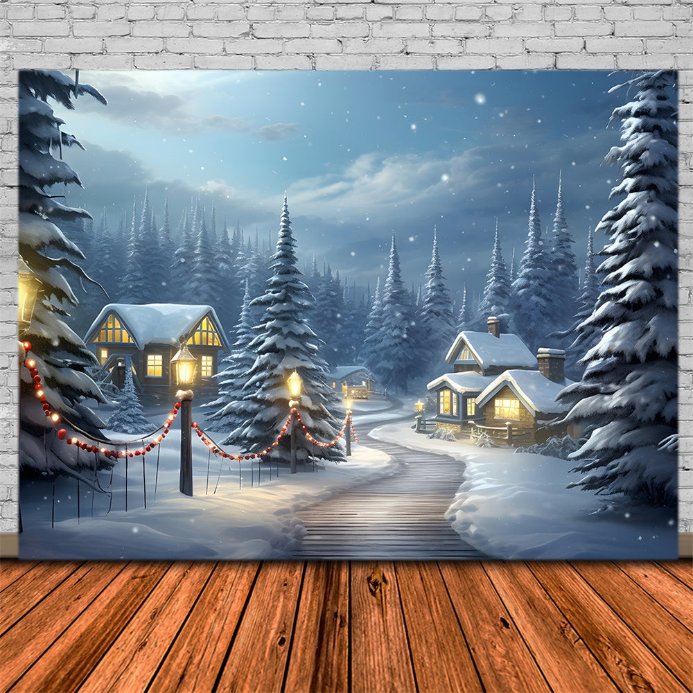 Snowy Forest Houses Christmas Tree Backdrop RR7-755