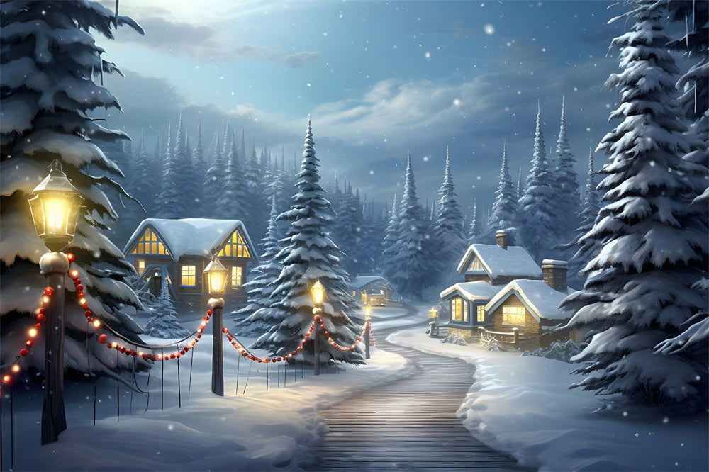 Snowy Forest Houses Christmas Tree Backdrop RR7-755