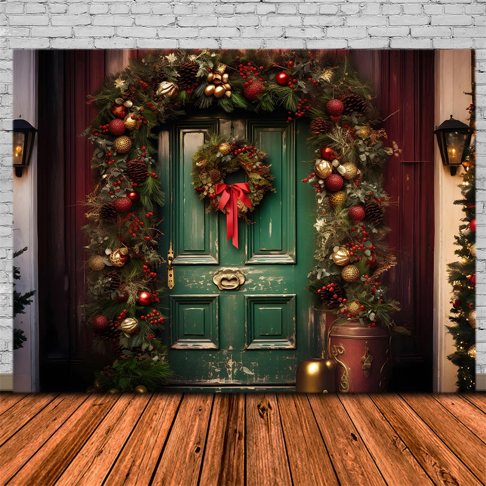 Christmas Balls Wreath Green Door Backdrop RR7-758