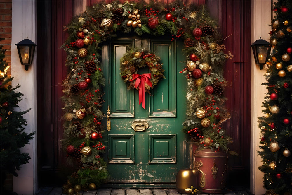 Christmas Balls Wreath Green Door Backdrop RR7-758