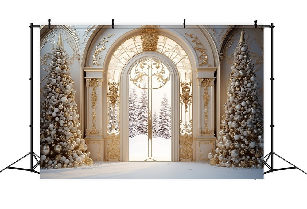 Christmas Tree Mansion Door Snow Backdrop RR7-761