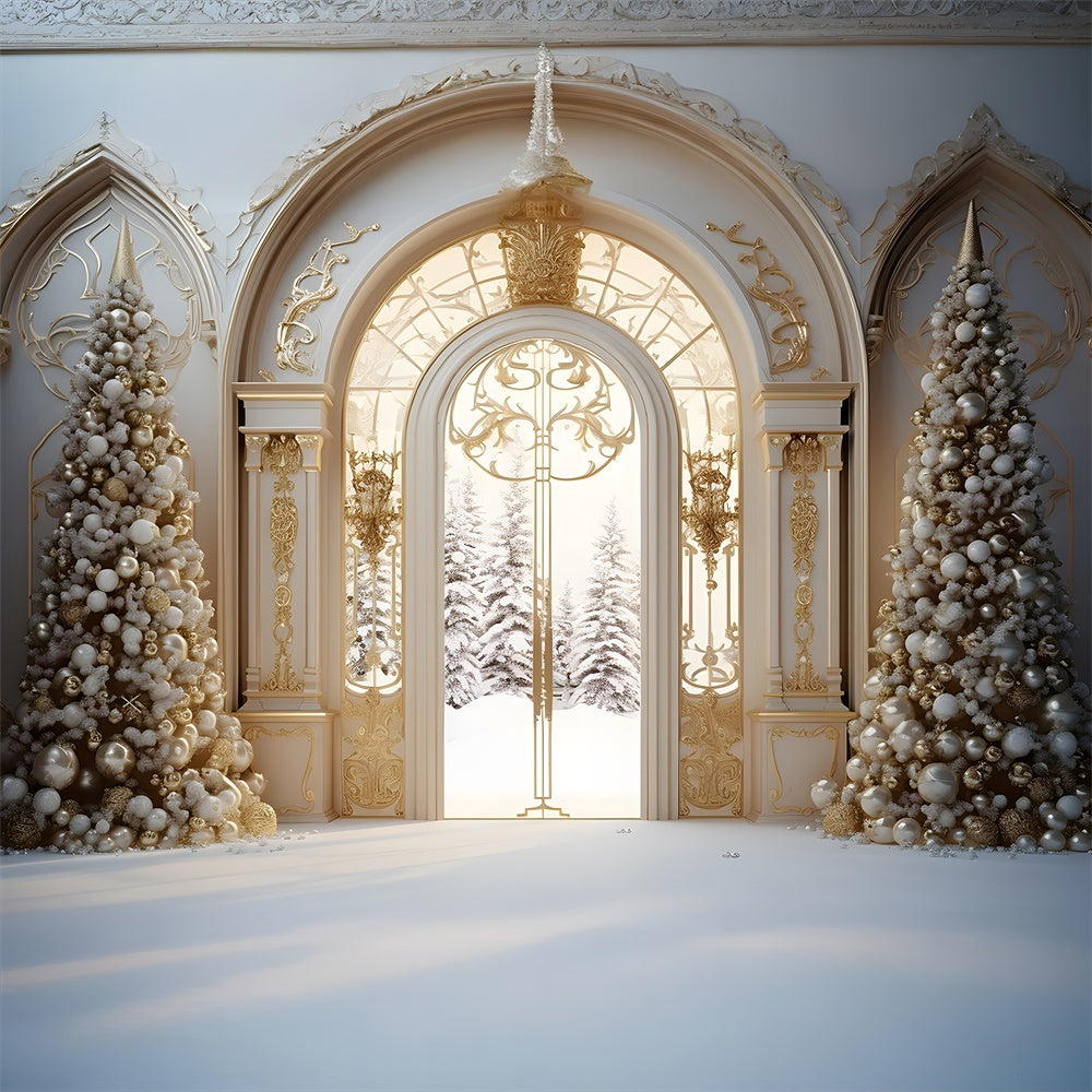 Christmas Tree Mansion Door Snow Backdrop RR7-761