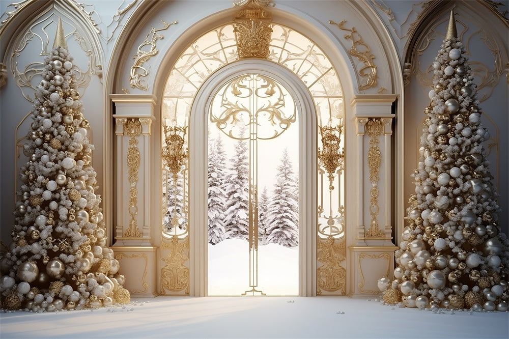 Christmas Tree Mansion Door Snow Backdrop RR7-761