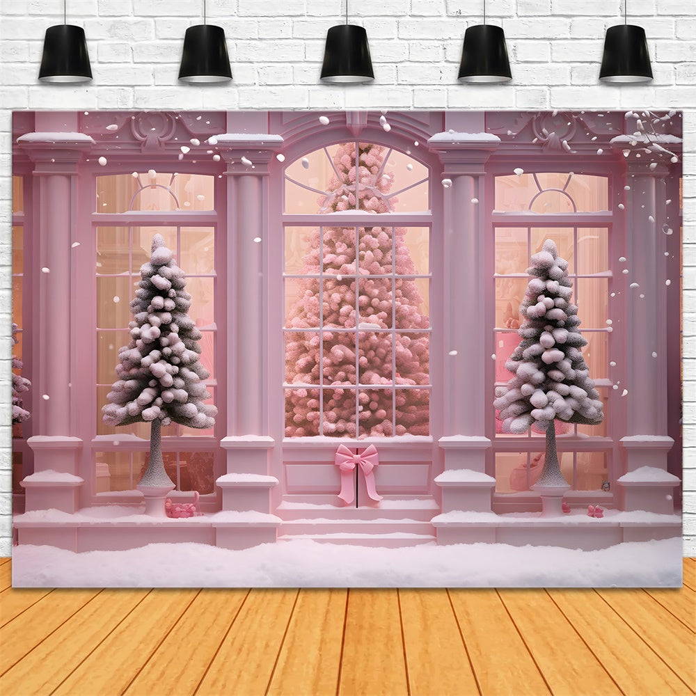 Pink Christmas Tree House Window Backdrop RR7-762