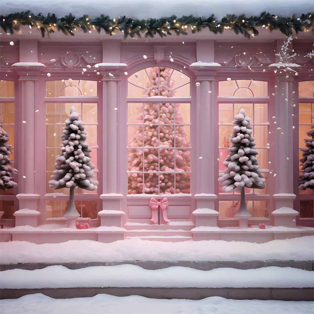 Pink Christmas Tree House Window Backdrop RR7-762