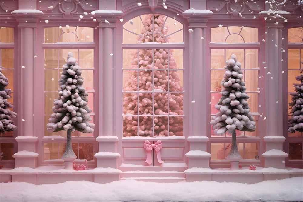 Pink Christmas Tree House Window Backdrop RR7-762