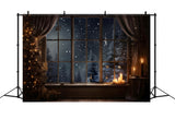 Christmas Night Window Snowy Trees Backdrop RR7-765