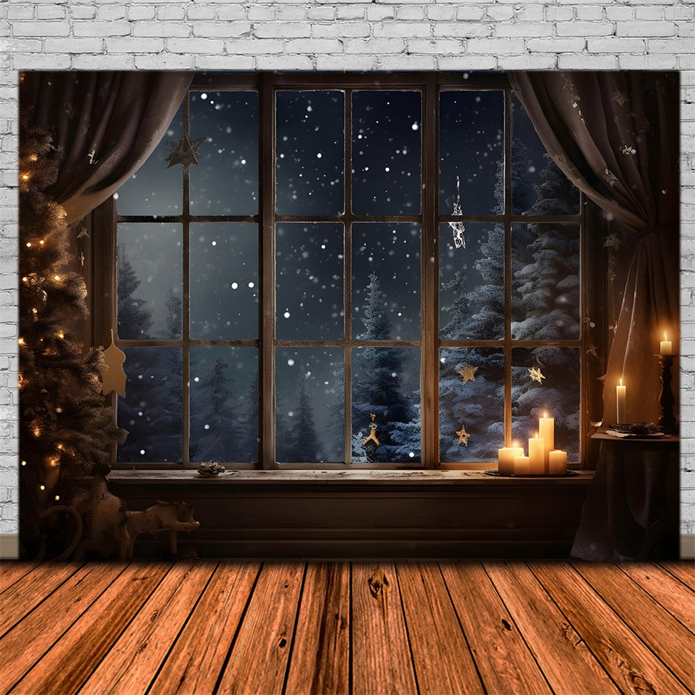 Christmas Night Window Snowy Trees Backdrop RR7-765