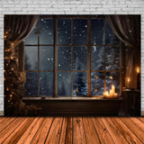 Christmas Night Window Snowy Trees Backdrop RR7-765