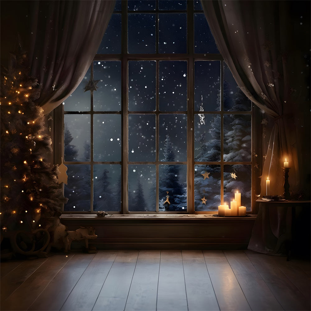 Christmas Night Window Snowy Trees Backdrop RR7-765