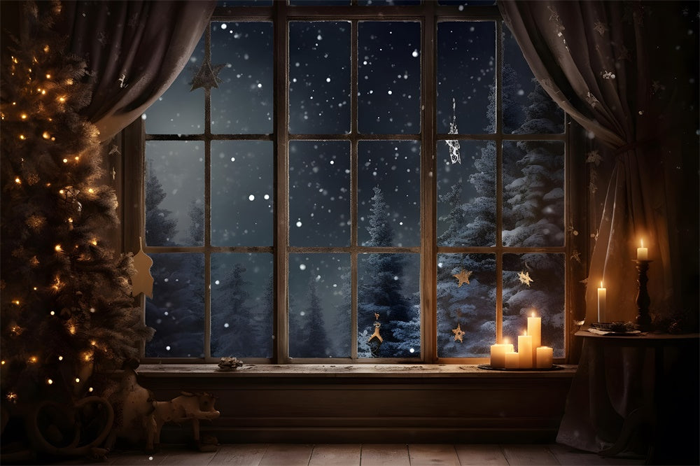 Christmas Night Window Snowy Trees Backdrop RR7-765