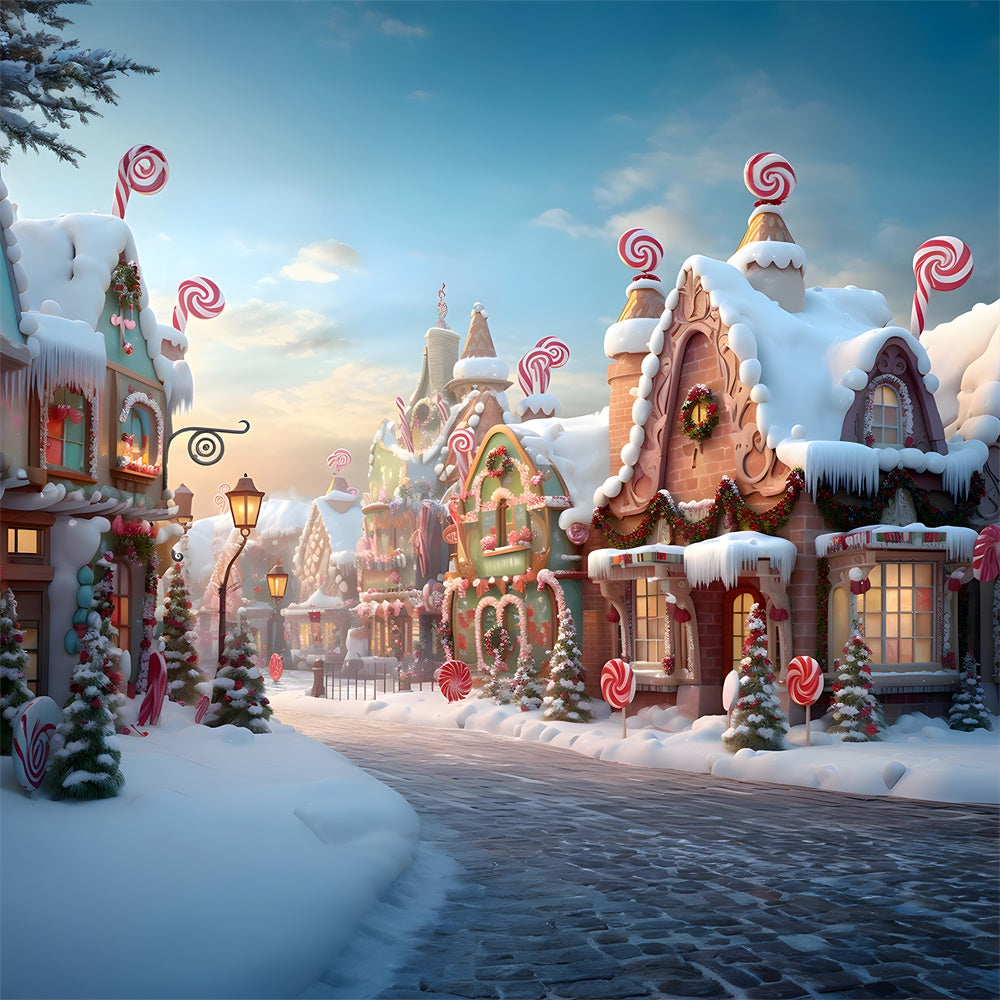 Snow Candy Gingerbread House Town Backdrop RR7-766