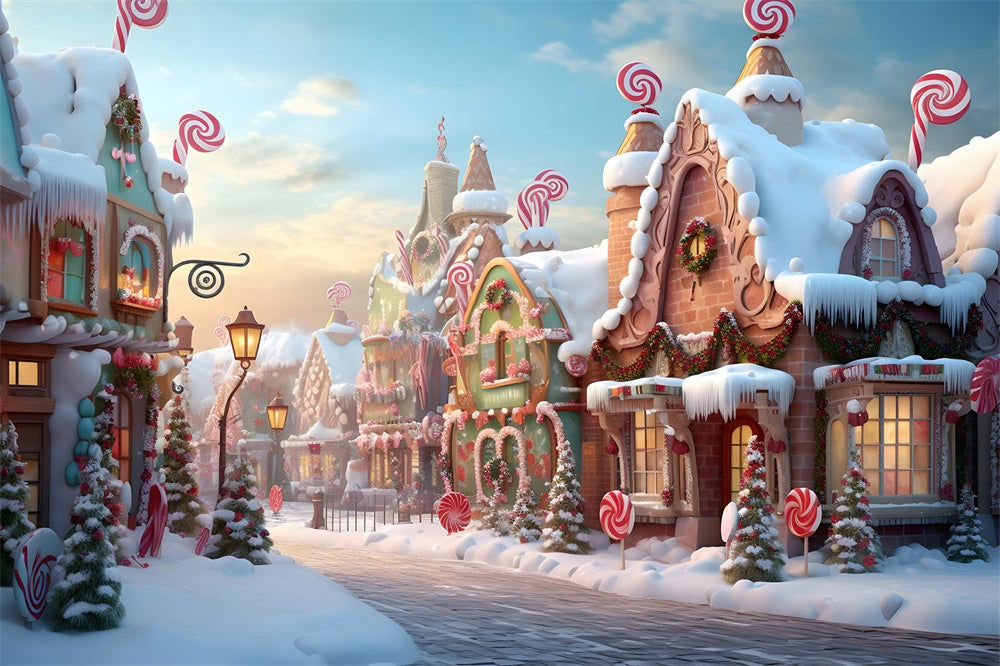 Snow Candy Gingerbread House Town Backdrop RR7-766