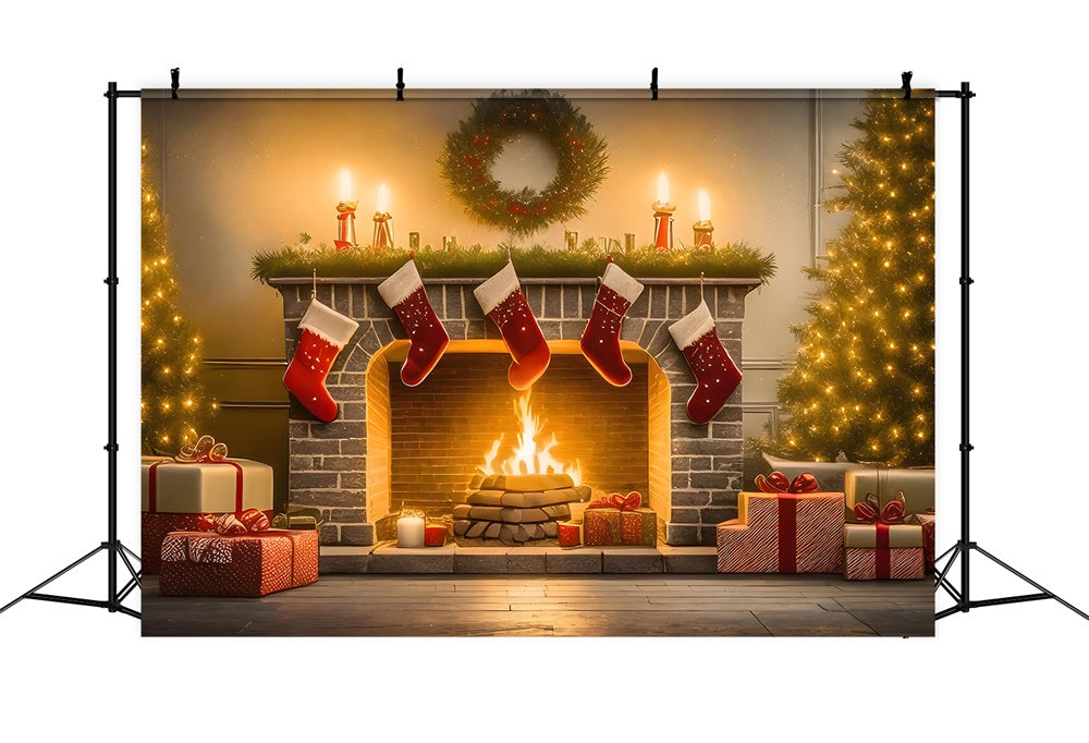 Christmas Tree Stocking Fireplace Backdrop RR7-770