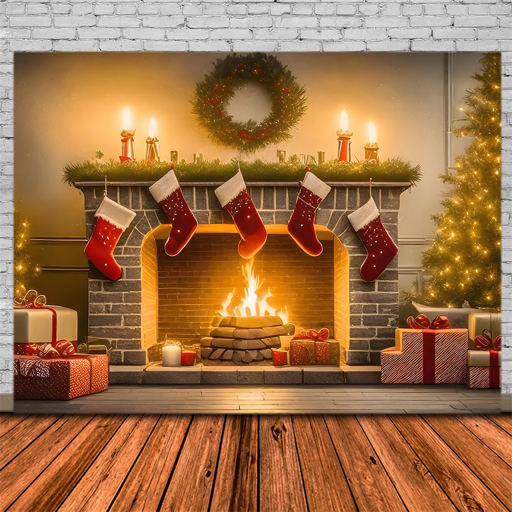 Christmas Tree Stocking Fireplace Backdrop RR7-770