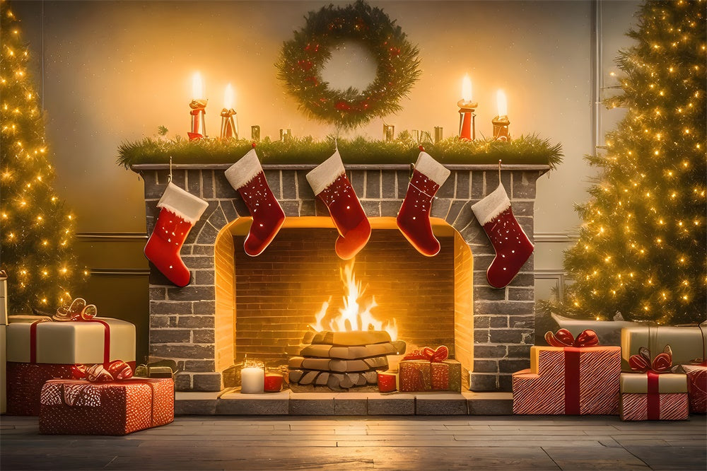 Christmas Tree Stocking Fireplace Backdrop RR7-770