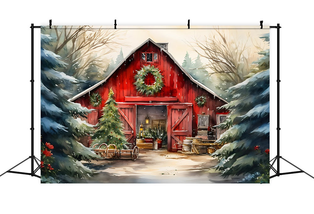 Watercolor Wooden House Christmas Tree Backdrop RR7-774