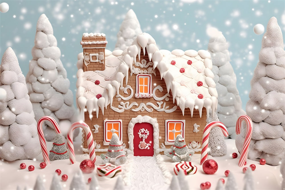 Christmas Tree Snow Gingerbread House Backdrop RR7-775