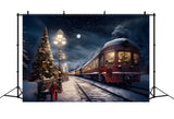 Christmas Evening Trees Snowy Train Backdrop RR7-776