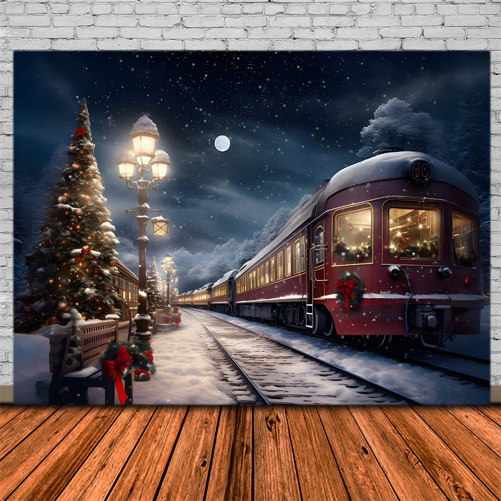 Christmas Evening Trees Snowy Train Backdrop RR7-776