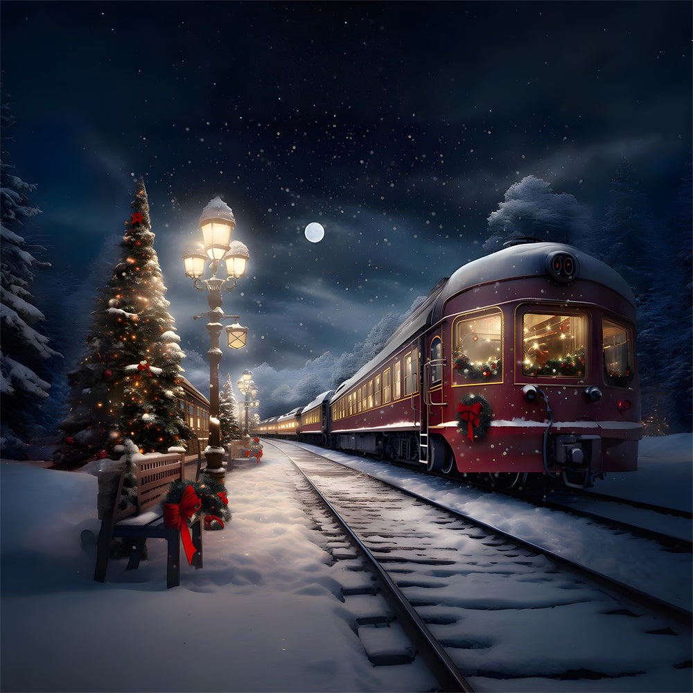 Christmas Evening Trees Snowy Train Backdrop RR7-776