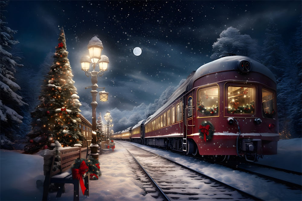 Christmas Evening Trees Snowy Train Backdrop RR7-776