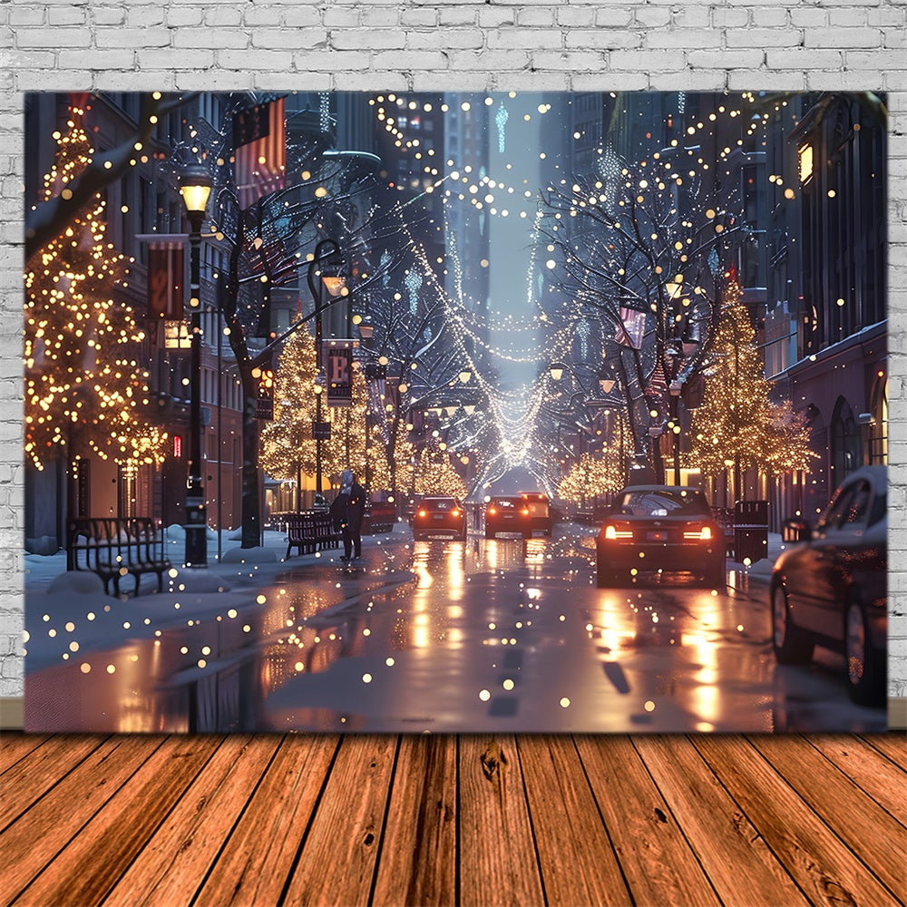 Christmas Trees Lights Street Night Backdrop RR7-780