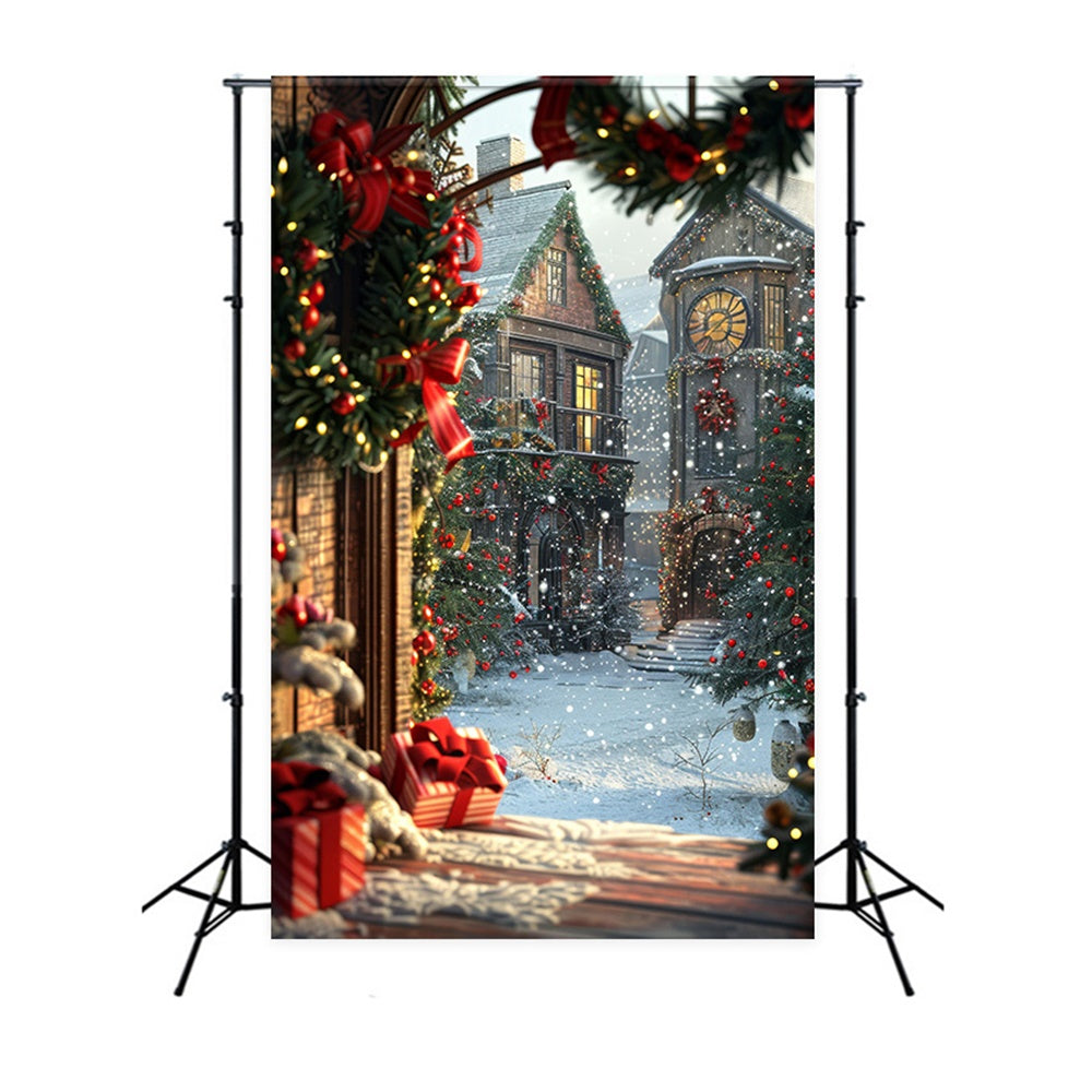 Christmas Tree Wreath House Snow Backdrop RR7-784