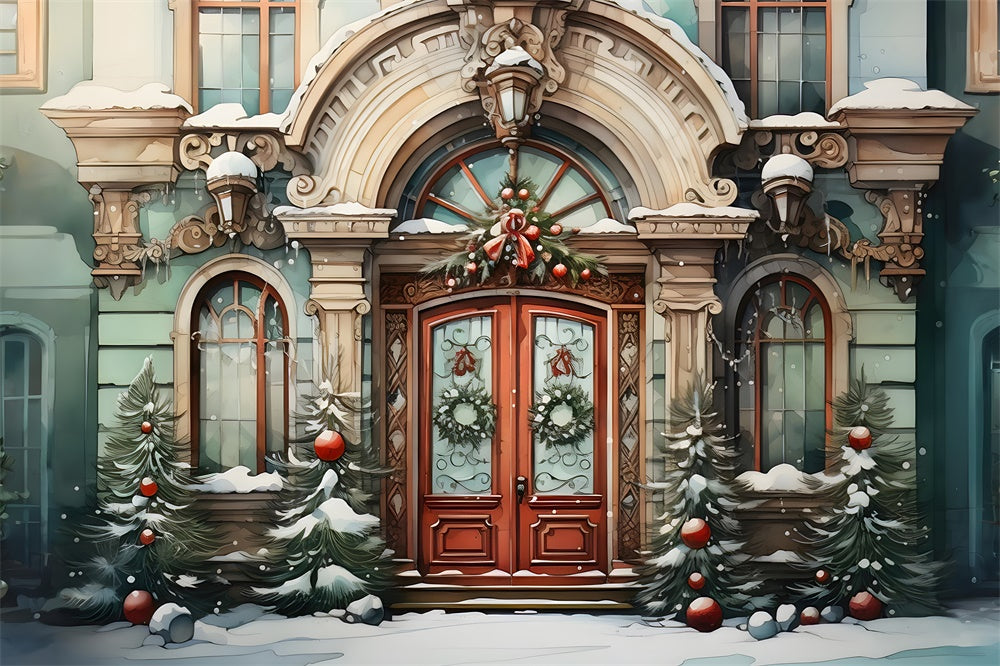 Christmas Watercolor House Tree Backdrop RR7-787