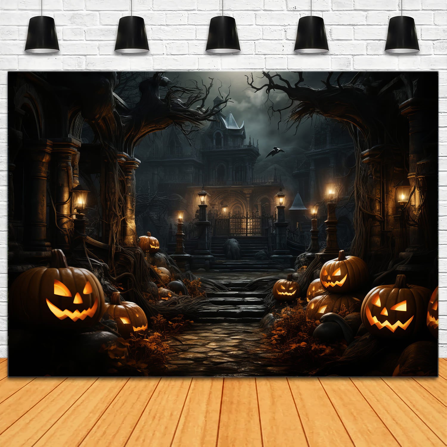 Halloween Cemetery Evil Pumpkin Lanterns Backdrop RR7-79