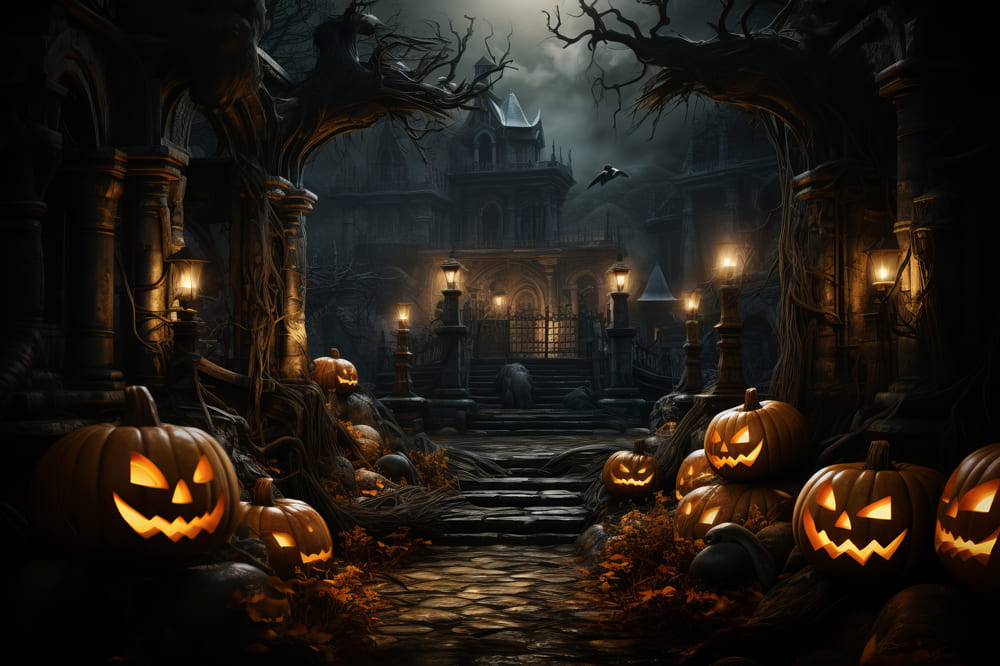 Halloween Cemetery Evil Pumpkin Lanterns Backdrop RR7-79