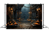 Gothic Halloween Mansion Pumpkin Lanterns Backdrop RR7-80