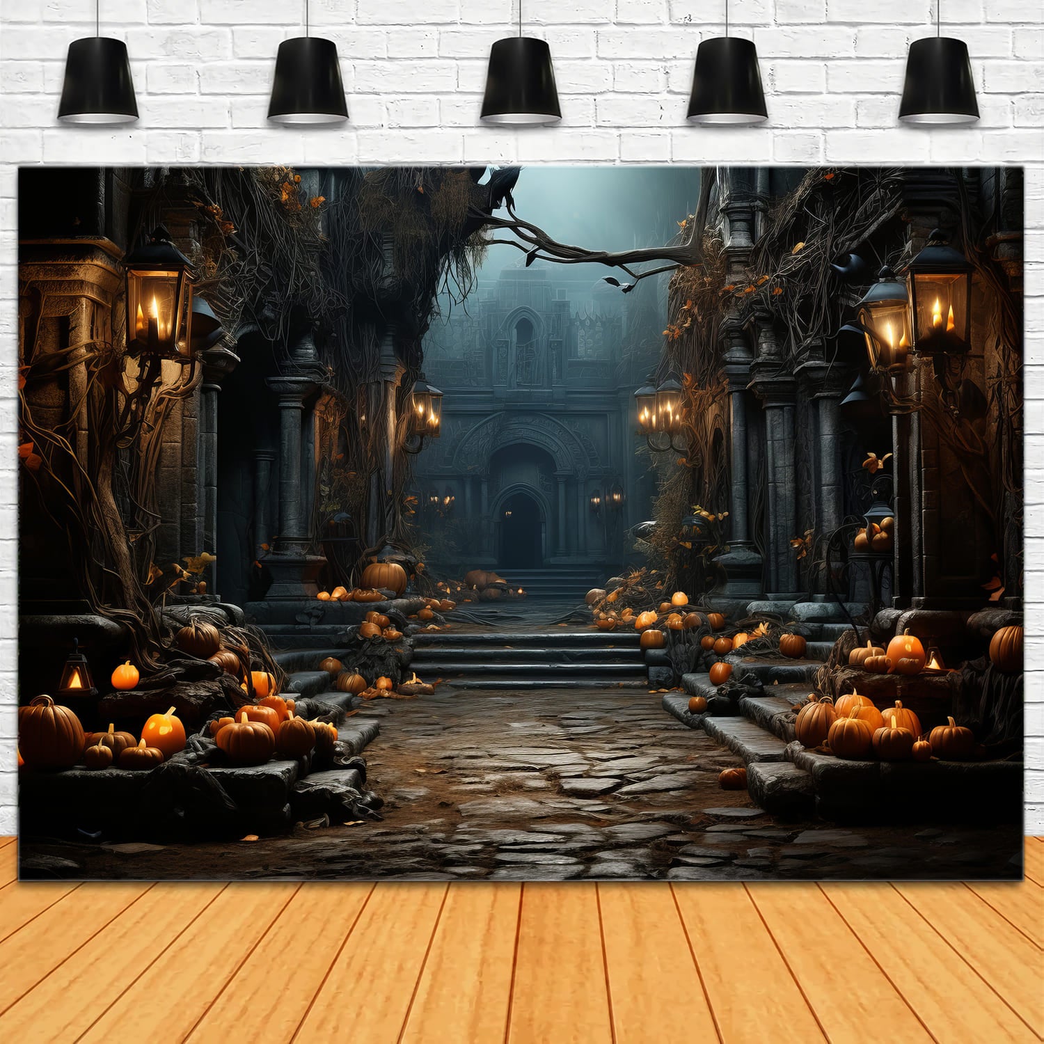 Gothic Halloween Mansion Pumpkin Lanterns Backdrop RR7-80