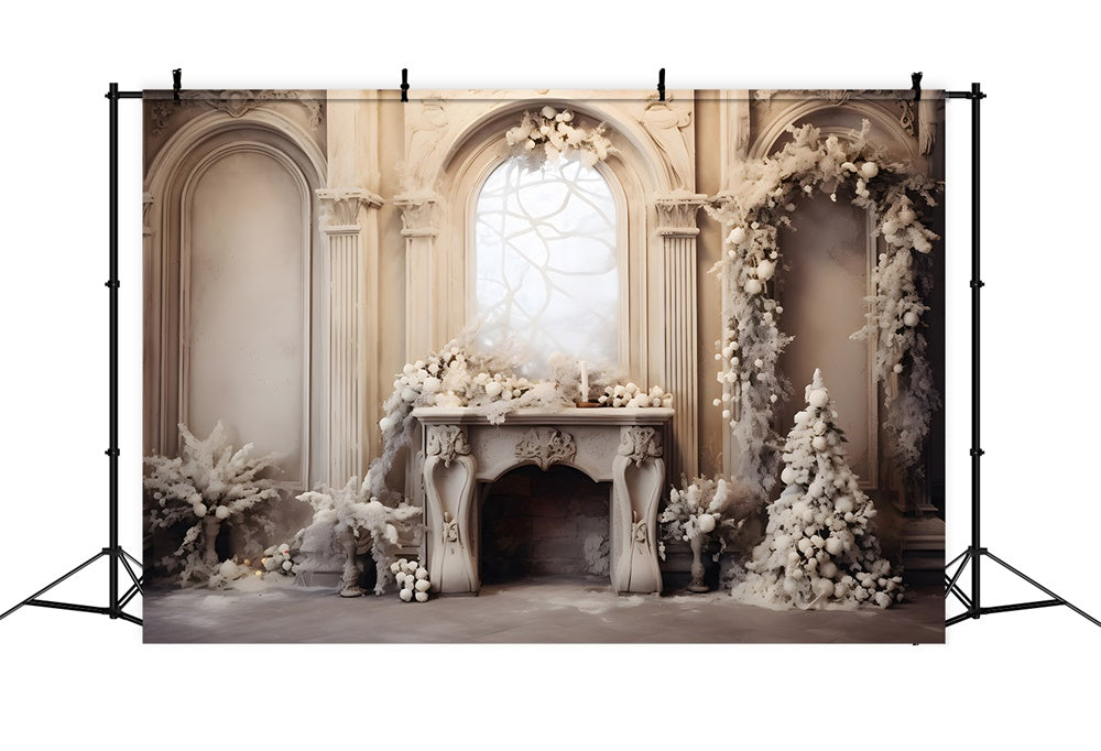 White Christmas Living Room Fireplace Backdrop RR7-801