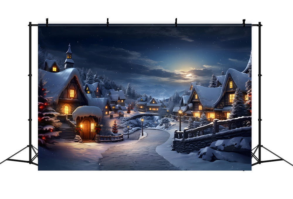 Snowy Forest Village Lights Christmas Backdrop RR7-803