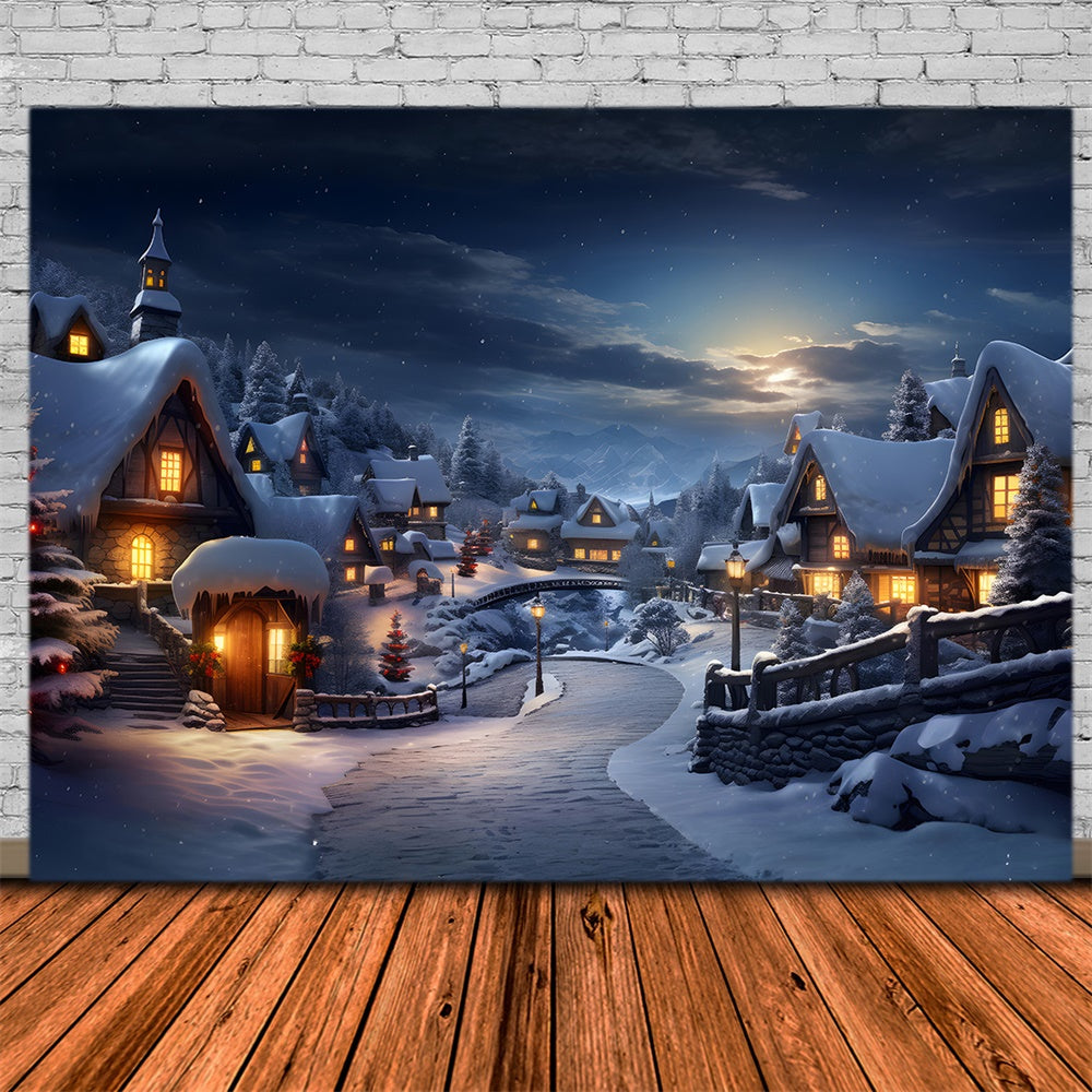 Snowy Forest Village Lights Christmas Backdrop RR7-803